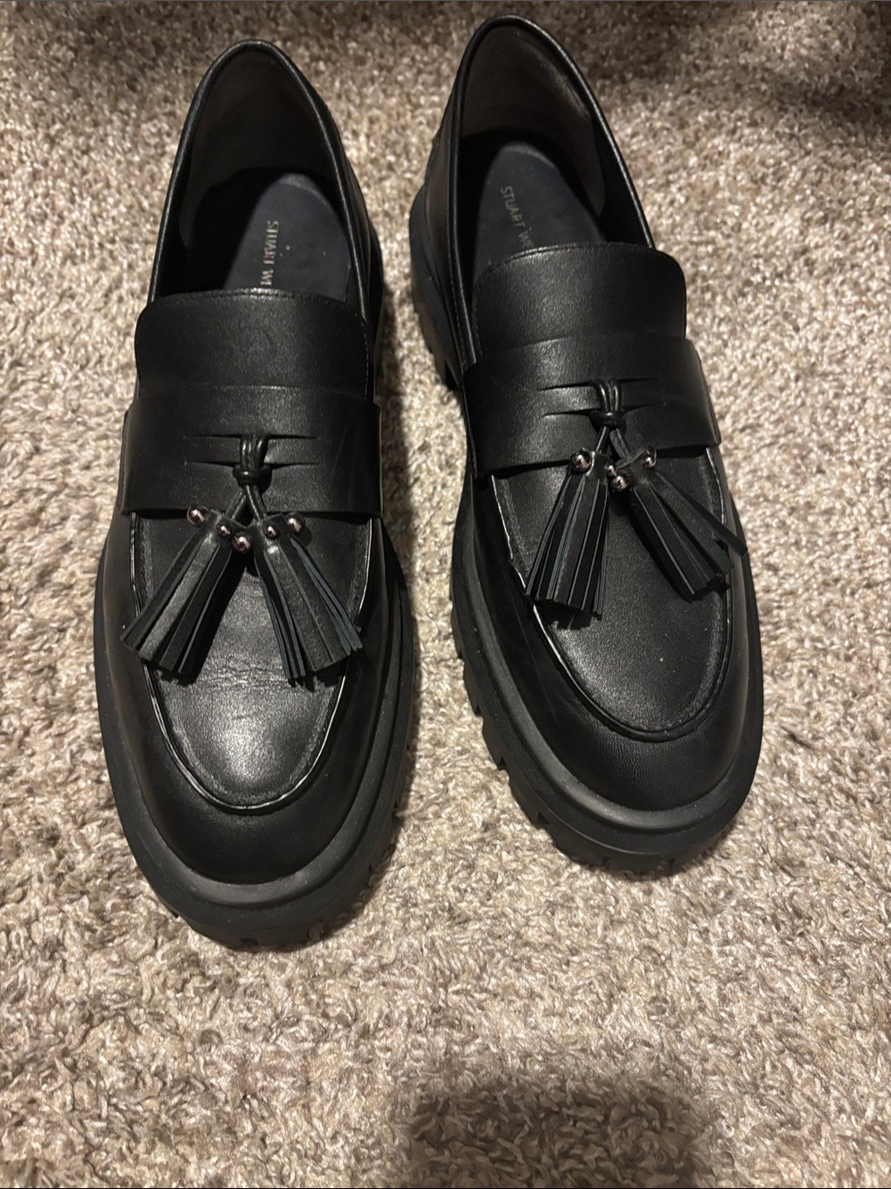 Stuart Weitzman Black Leather Tassel Loafers